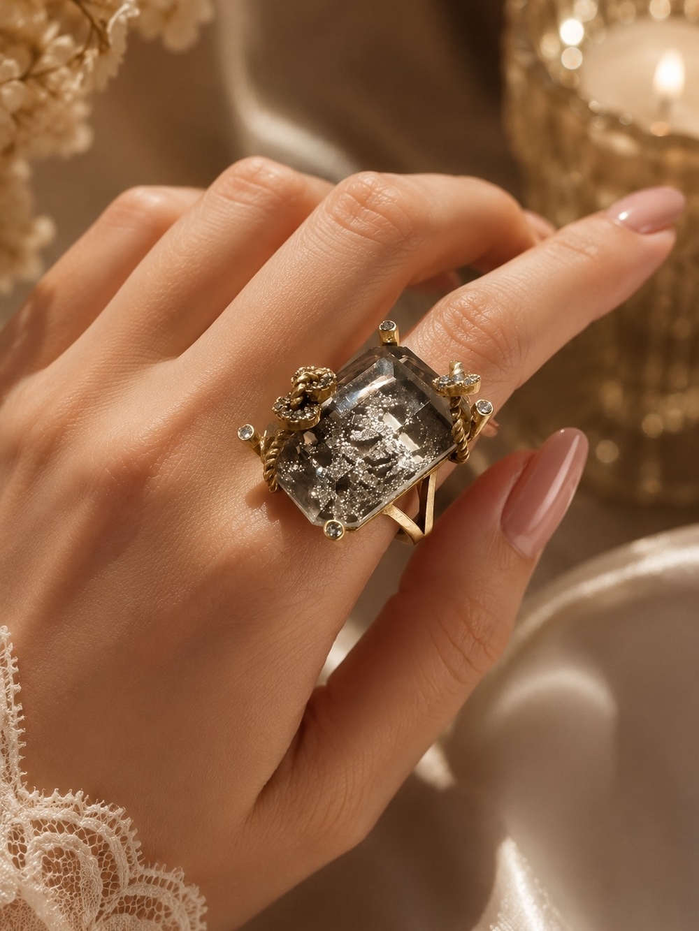Gold-Tone Champagne Crystal Statement Ring